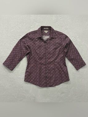 L.L.Bean Wrinkle-Free Cranberry Floral 3/4 Sleeve Button Up Shirt Womens Size XS